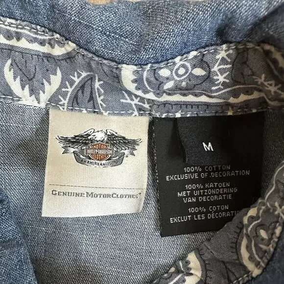 Harley Davidson Shirt Adult M Blue Denim Pearl Snap Rodeo Western Biker Womens - Picture 3 of 7